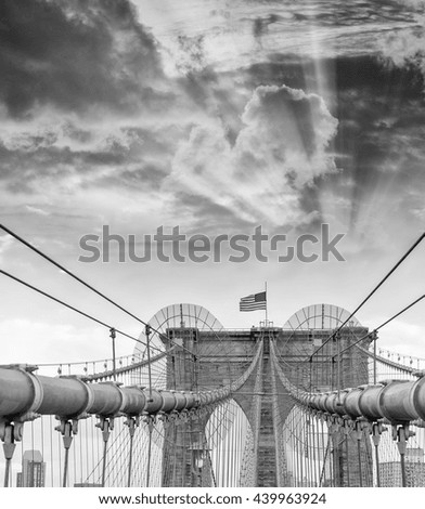 Black and white view of Brooklyn Bridge, NYC.
