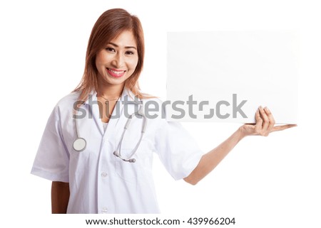Young Asian female doctor show a blank sign  isolated on white background