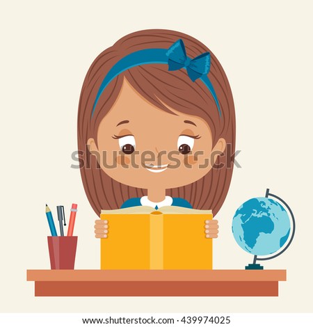Little girl studying. Happy child learning. Vector cartoon illustration.