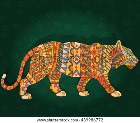 Illustration with abstract tiger on a dark floral background
