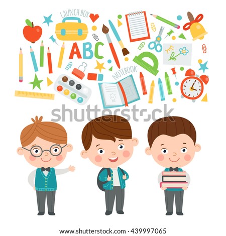 Set of characters in a flat style. Pupils in a beautiful school uniforms and items on school theme