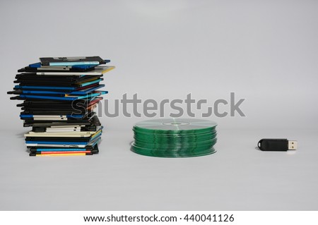 Pile of floppy disks, cd-roms, external hard drive and pen drive over white like a digital revolution evolution