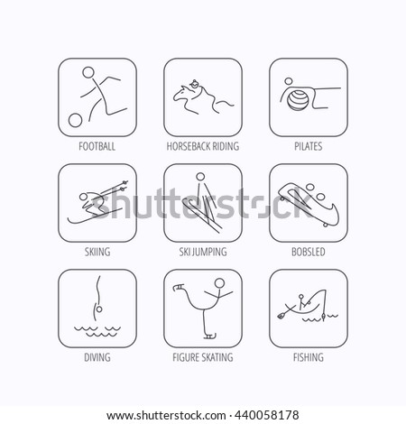 Pilates, football and skiing icons. Fishing, diving and figure skating linear signs. Ski jumping, horseback riding and bobsled icons. Flat linear icons in squares on white background. Vector