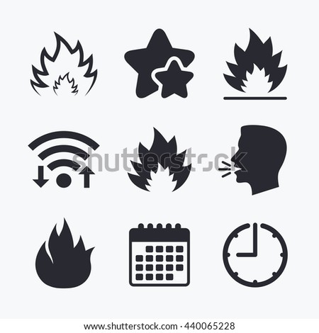 Fire flame icons. Heat symbols. Inflammable signs. Wifi internet, favorite stars, calendar and clock. Talking head. Vector
