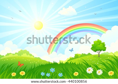 Vector cartoon illustration of a beautiful summer landscape with sun and rainbow