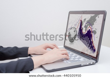 business woman use computer with "rise arrow with graph" presentation