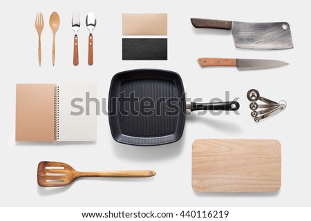 Design concept of mockup arious kitchenware utensils set on white background. Copy space for text and logo. Clipping Path included on white background. Royalty-Free Stock Photo #440116219