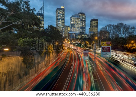 Sydney rush hour freeway traffic at dusk
