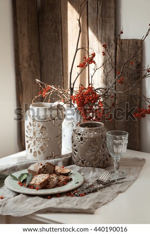 Provence decor table setting on rustic boards background