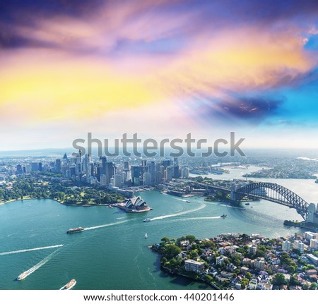 Sunset over Sydney Harbour, helicopter view.
