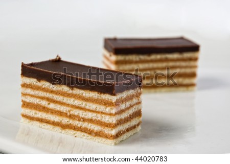pieces of a chocolate cake on a plate in shallow depth of field