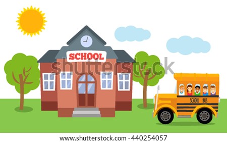 The school building and the school bus with students. Flat vector illustration in cartoon style