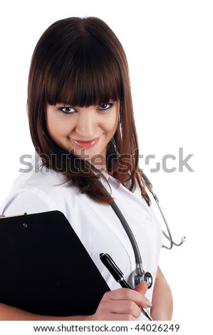 The young brunette the charming staff nurse isolated on white