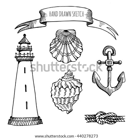 Vector set: Seashell, lighthouse, anchor, knot, flag. Hand drawn sketch