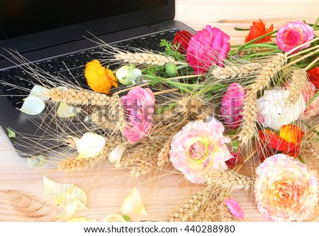 Laptop with blank black screen and flowers with wheat ears. Composition on a wooden background. Technology and nature. Job and vacation ( holiday, weekend, rest ) . Summertime. Conceptual image 