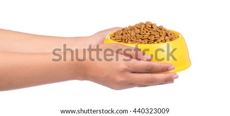 hand holding plastic bowl full with dog food isolated on white background
