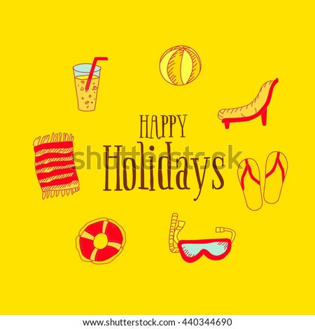 Happy Holidays Card with summer linear icons. Vector illustration