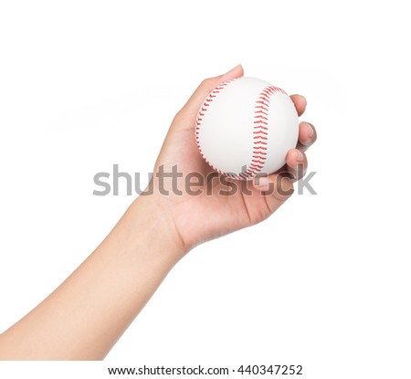 hand holding a baseball isolated on white background.