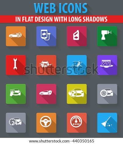 Car shop web icons in flat design with long shadows