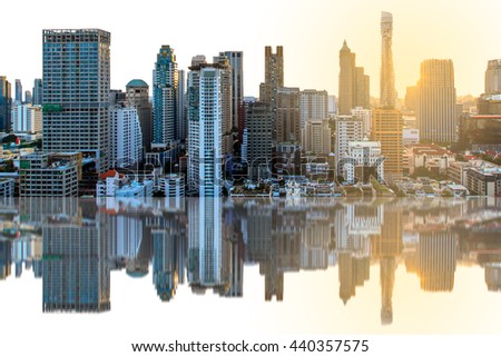 abstract city blur reflection on glass.Panoramic and perspective view  high rise building skyscraper commercial of future. Business concept of success industry tech architecture