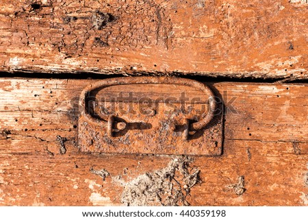 Old worn scratched grungy wooden background of an old chest with a metallic handle
