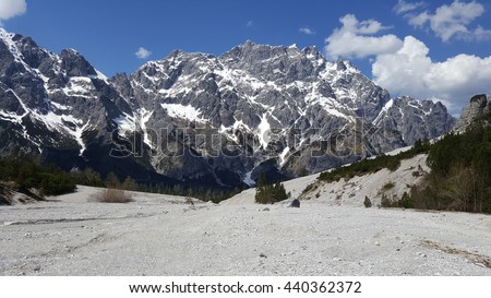 Beautiful rockfall valley of Wimbachgries with blue sky background in Germany