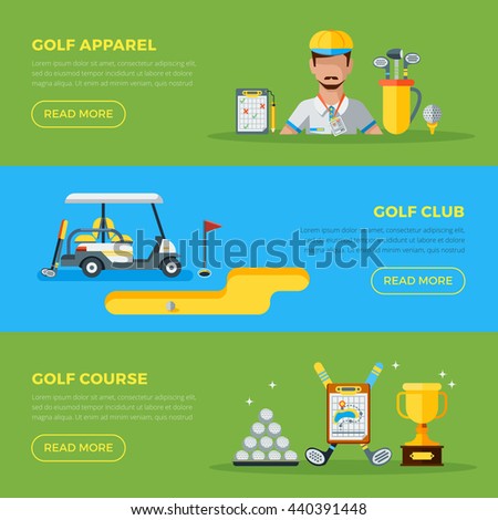 Horizontal green and blue golf club banners with golf car course hole and apparel flat vector illustration