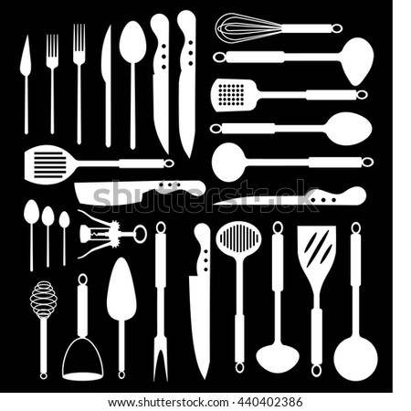 Set of white kitchenware icons (skimmer, ladle, small ladle, draining spoon, slice and other) 