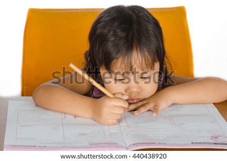 Asian Child And Home Work On White Background