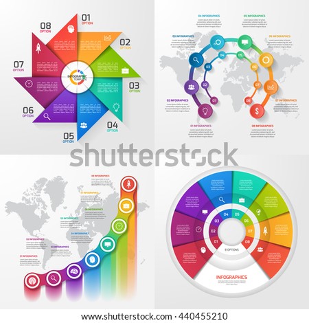 Set of four vector infographic templates. Business, education, industry, science concept with 8 values, options, parts, steps, processes.