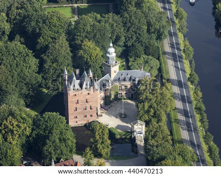 Aerial view of medieval castle Nijenrode in the countryside from the Netherlands. It is a famous University for future Captains of Industry