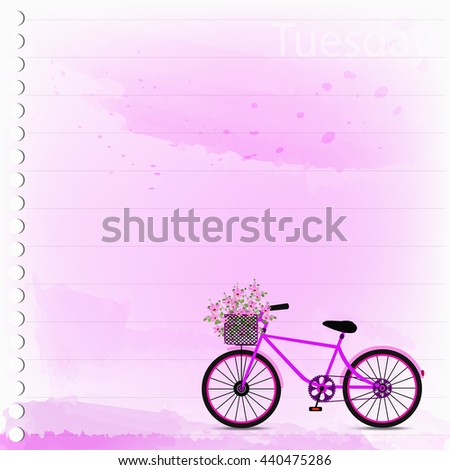 pink bicycle with flowers in basket on pink watercolor note paper background, vector illustration