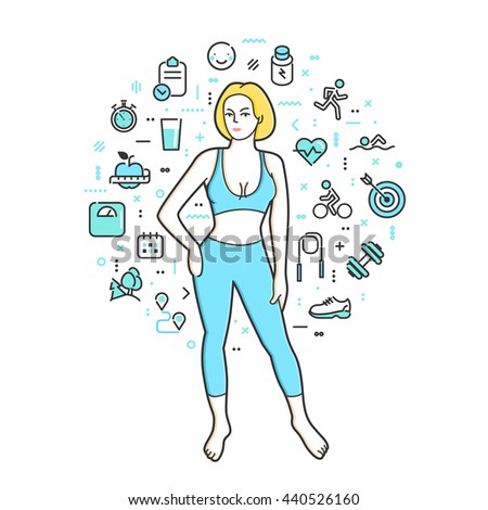 Concept of healthy lifestyle. Fitness girl in flat design, vector illustration.