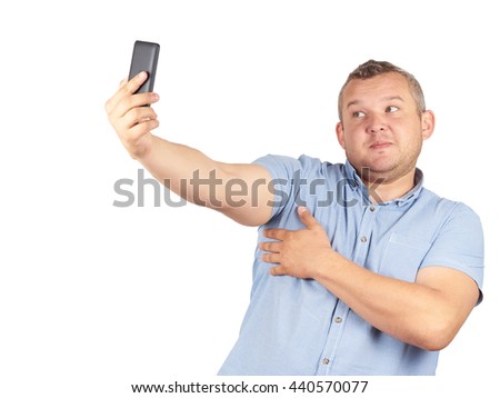 Funny picture of  plump man . businessman doing selfie.Isolated on white background.