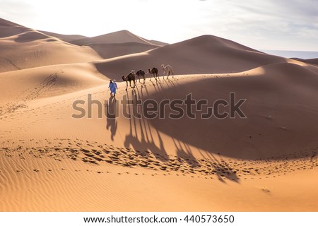 Morocco, Erg Chegaga (or Chigaga) is a Saharan sand dune (approx. 40 km to 15 km wide), the largest of Morocco. Located in the Souss-Massa-Draa area about 50km west of the town of M'Hamid El Ghizlane. Royalty-Free Stock Photo #440573650