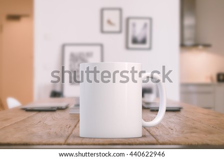 Mockup Styled Stock Product Image, white mug that you can add your design to. Focus on the mug, rest of the image is soft.