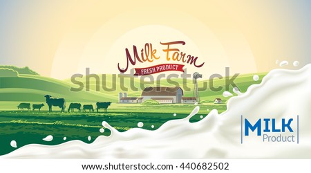 Rural morning landscape, with cow and splash of milk. Royalty-Free Stock Photo #440682502