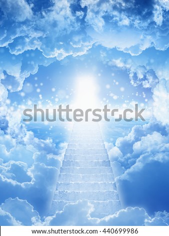 Beautiful religious background - stairs to heaven, stairway leading up to skies, bright light from heaven door
