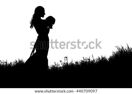 silhouette of bride with bouquet in the grass on a white background