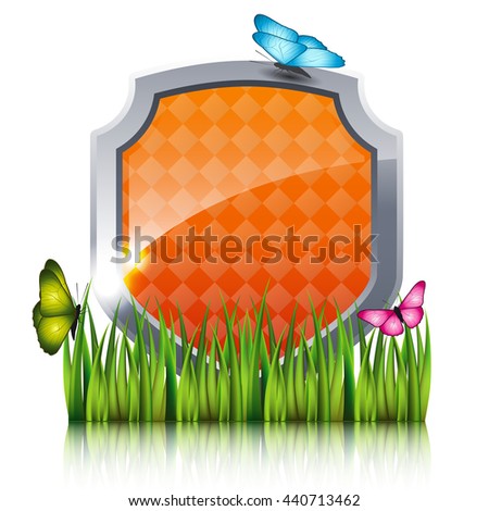 Orange shield with flying butterflies by the grass. Nature protection concept. Vector illustration.