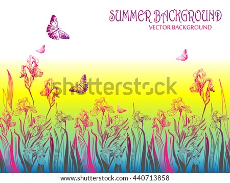 Vector summer background with irises and butterflys. Template for invitations, cards, posters, banners.