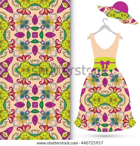 Vector fashion illustration. Women's dress on a hanger and seamless floral geometric pattern with hand drawn repeating texture. Isolated element for fabric print, scrapbook or invitation cards design.