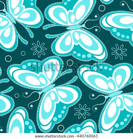 Turquoise sequin butterflies seamless pattern .