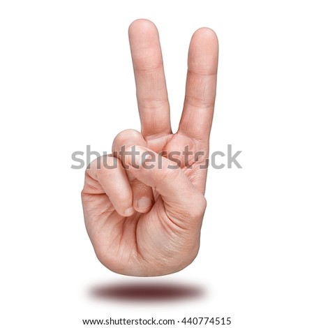 Hand gesture of victory and peace. Isolated over white background.