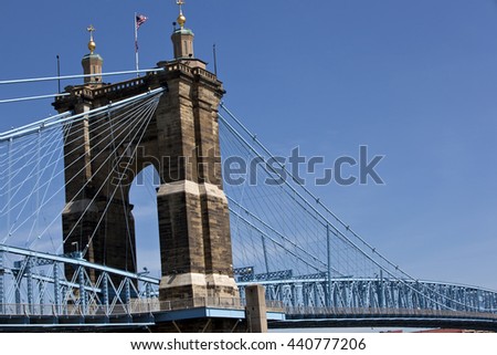 The John A. Roebling Bridge connects Cincinnati, Ohio and Covington, Kentucky over the Ohio river.