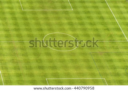 aerial shot looking down on green soccer field , textured grass football , football field.