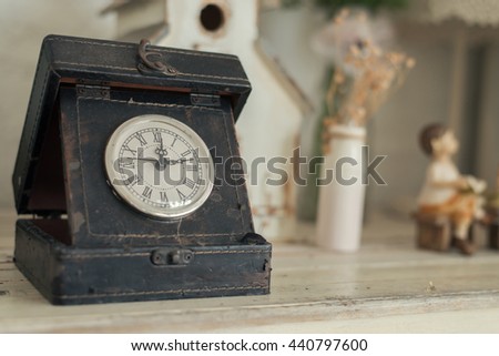 clock on a wooden background.