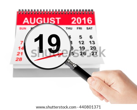 National Aviation Day Concept. 19 August 2016 calendar with magnifier on a white background