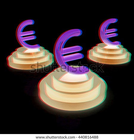 icon euro signs on podiums on a black background. 3D illustration. Anaglyph. View with red/cyan glasses to see in 3D.