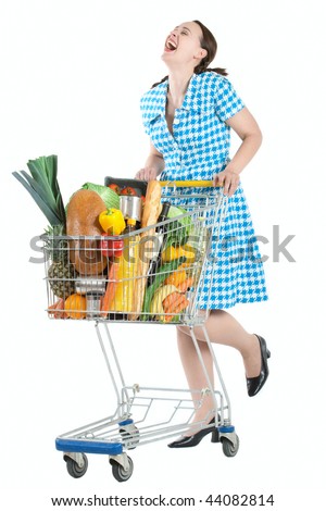 A happy laughing shopper in a vintage dress and a shopping cart Royalty-Free Stock Photo #44082814
